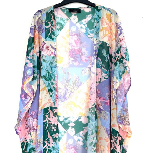 Lane Bryant boho open front green pink sheer patchwork floral maxi kimono duster - Picture 5 of 16